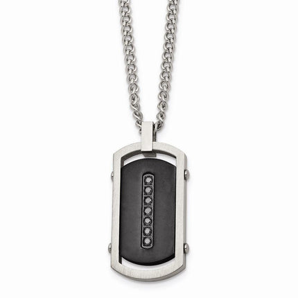 Stainless Steel Brushed/Polished Black IP Center Black CZ Tag Necklace ,