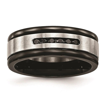 Stainless Steel Brushed/Polished Black IP Grooved Blk CZ Ring ,