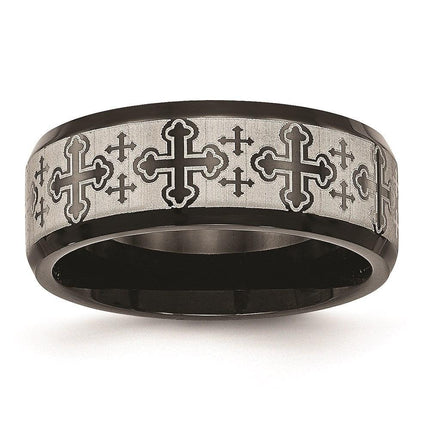 Stainless Steel Brushed/Polished Black IP Laser Etched Pattern Ring ,