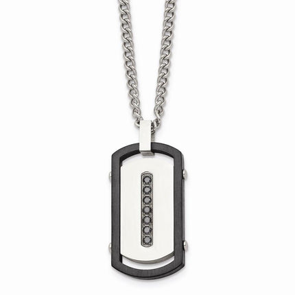 Stainless Steel Brushed/Polished Black IP Rim Black CZ Tag Necklace ,