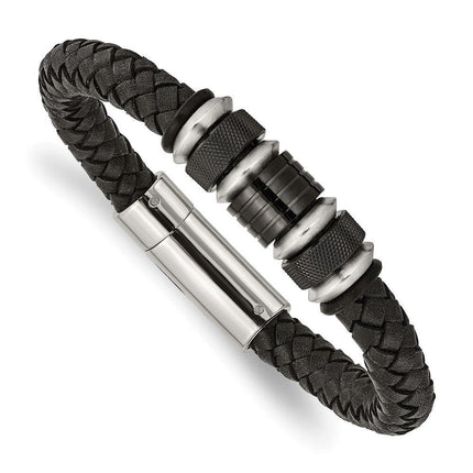 Stainless Steel Brushed/Polished Blk Leather Blk IP Blk Rubber Bracelet ,