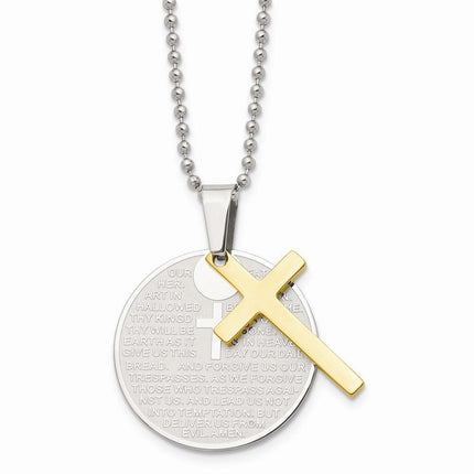 Stainless Steel Brushed/Polished Yellow IP Lords Prayer Cross Necklace ,