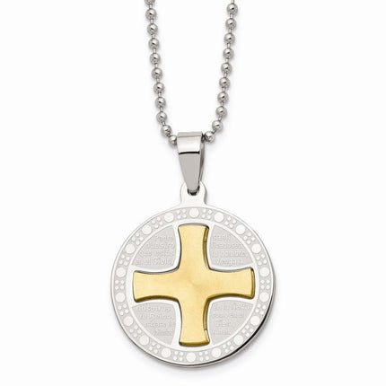 Stainless Steel Brushed/Polished Yellow IP Spanish Lords Prayer Necklace ,