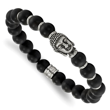 Stainless Steel Buddha Black Agate Beaded Stretch Bracelet ,
