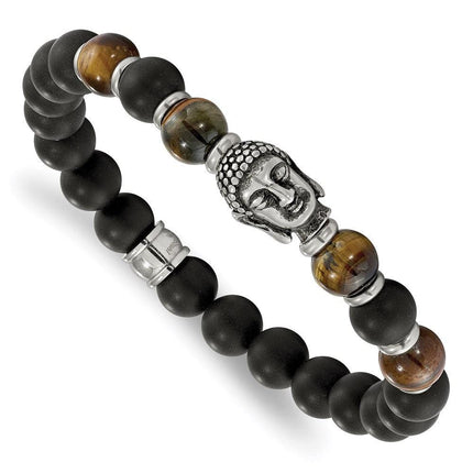 Stainless Steel Buddha Black Agate Tiger Eye Beaded Stretch Bracelet ,
