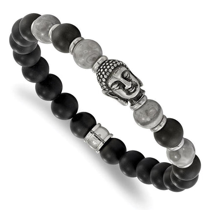 Stainless Steel Buddha Black Agate/Grey Jasper Beaded Stretch Bracelet ,
