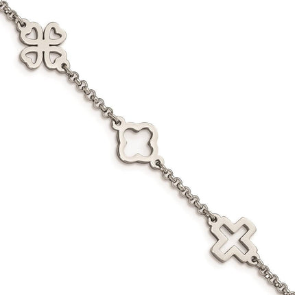 Stainless Steel Cross & Clovers Bracelet ,