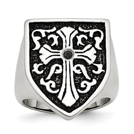 Stainless Steel Cross w/Black Diamond Antiqued Shield Ring ,