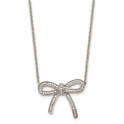 Stainless Steel Crystal Polished Bow with 1.75in ext. Necklace ,