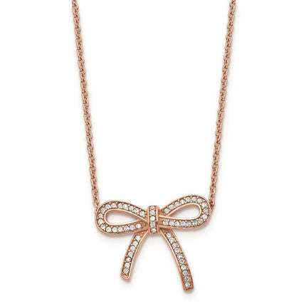 Stainless Steel Crystal Polished Pink IP plated Bow with 1.75in ext. Neckl ,