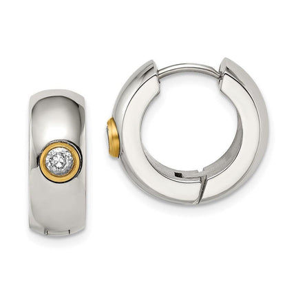 Stainless Steel CZ & Yellow IP-plated Hinged Hoop Earrings ,