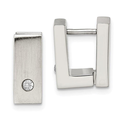Stainless Steel CZ Brushed & Polished Hinged Square Hoop Earrings ,