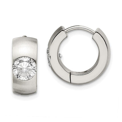 Stainless Steel CZ Brushed & Polished Round Hinged Hoop Earrings ,