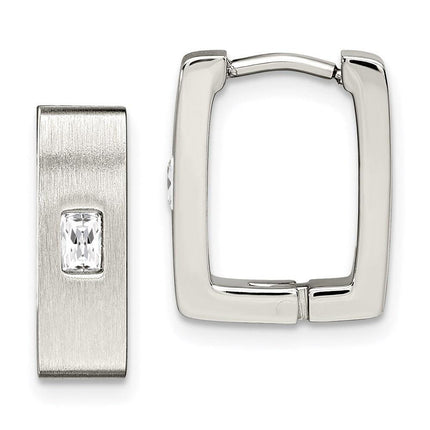 Stainless Steel CZ Brushed & Polished Square Hinged Earrings ,