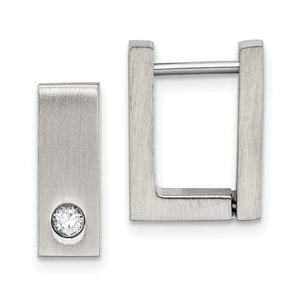 Stainless Steel CZ Brushed & Polished Square Hinged Hoop Earrings ,