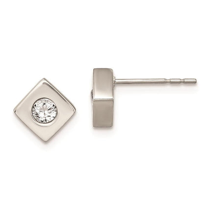 Stainless Steel CZ Brushed Diamond Shaped Post Earrings ,