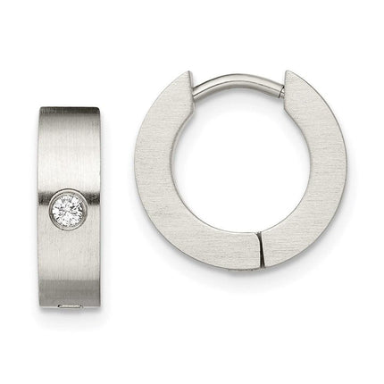 Stainless Steel CZ Brushed Hinged Hoop Earrings ,