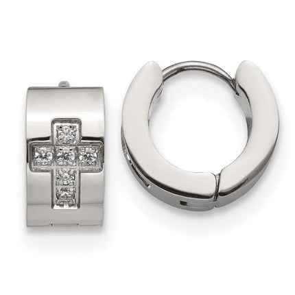Stainless Steel CZ Cross Hinged Hoop Earrings ,