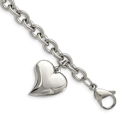 Stainless Steel CZ Heart Charm Fancy 7.5in Bracelet ,