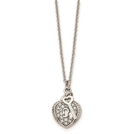 Stainless Steel CZ Heart Lock and Key Pendant Necklace ,