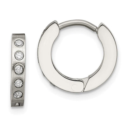 Stainless Steel CZ Hinged Hoop Earrings ,