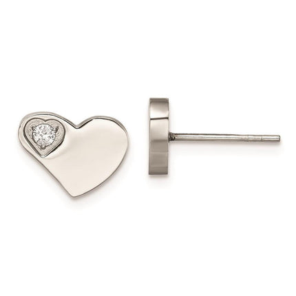 Stainless Steel CZ Polished Heart Post Earrings ,