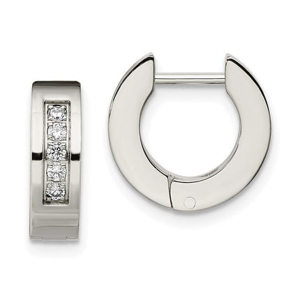 Stainless Steel CZ Polished Round Hinged Hoop Earrings ,