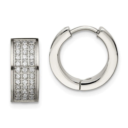 Stainless Steel CZ Stones Brushed & Polished Hinged Hoop Earrings ,