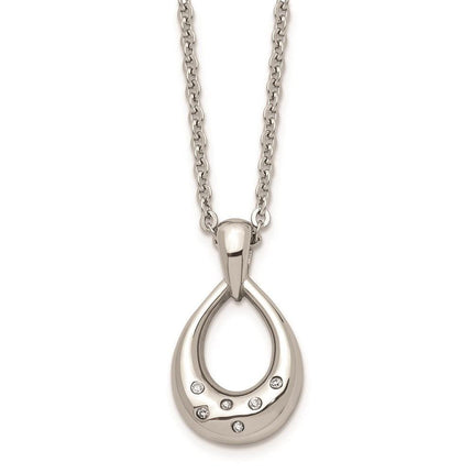 Stainless Steel CZ Teardrop Polished Necklace ,