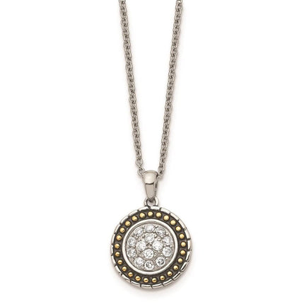 Stainless Steel CZ with Yellow IP-plated Antiqued Circle Necklace ,