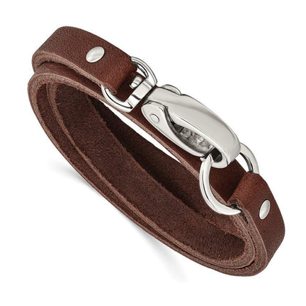Stainless Steel Dark Brown Leather Wrap Bracelet ,