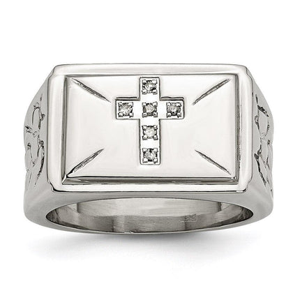 Stainless Steel Diamond Cross w/Textured Sides Ring ,