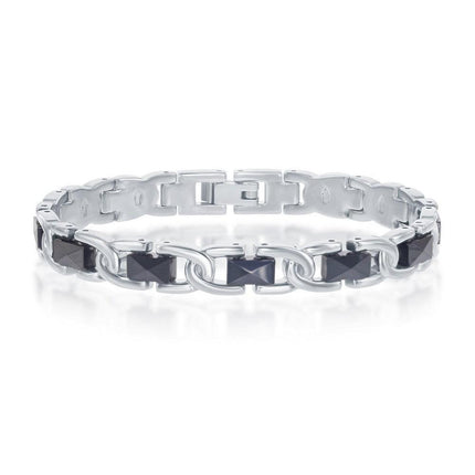 Stainless Steel Faceted Black Ceramic Link Bracelet, 7" ,