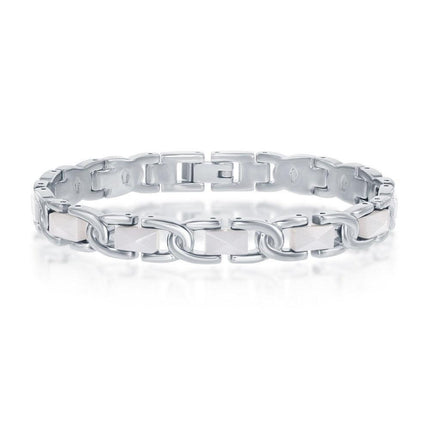 Stainless Steel Faceted White Ceramic Link Bracelet, 7" ,