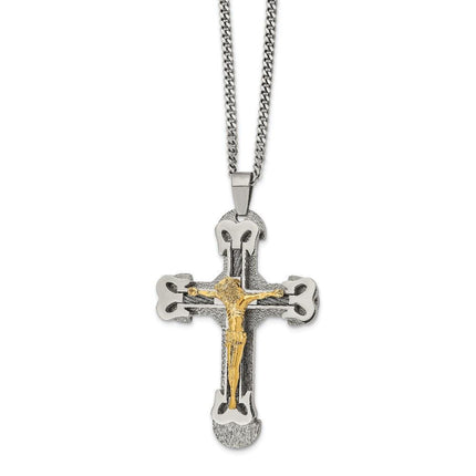 Stainless Steel Gold IP w/ Brushed & Polished Cable Cross Necklace ,