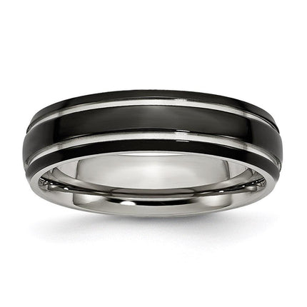 Stainless Steel Grooved & Polished 6mm Black IP-plated Band ,