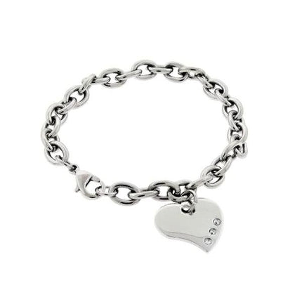 Stainless Steel Heart Charm with 3 CZ Bracelet, 7.5" ,