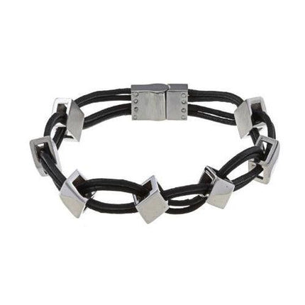 Stainless Steel Leather and Diamond Shaped Links Bracelet, 8.5" ,
