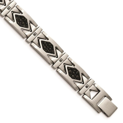 Stainless Steel Leather Black CZ Brushed Bracelet ,