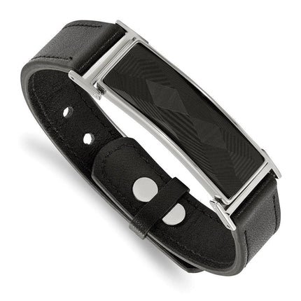 Stainless Steel Leather w/Carbon Fiber Inlay Adj. from 7-9.25in Bracelet ,