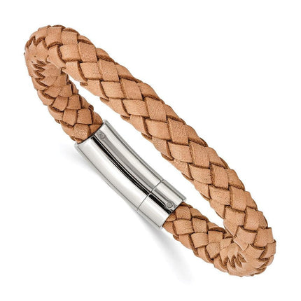 Stainless Steel Light Tan Leather 8.5in Bracelet ,