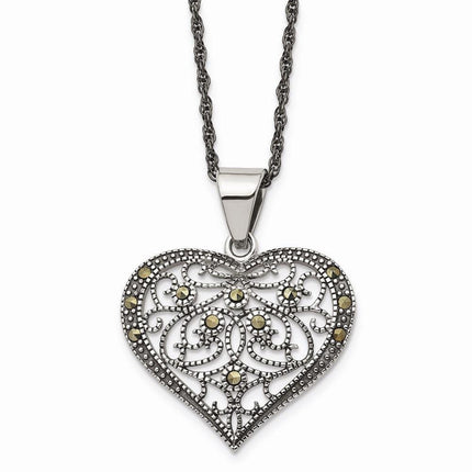 Stainless Steel Marcasite Textured Heart Necklace ,