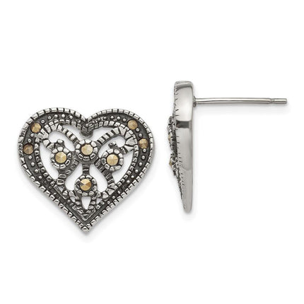 Stainless Steel Marcasite Textured Heart Post Earrings ,