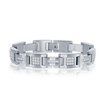 Stainless Steel Matte Cubic Zirconia Link Bracelet, 8.5" ,