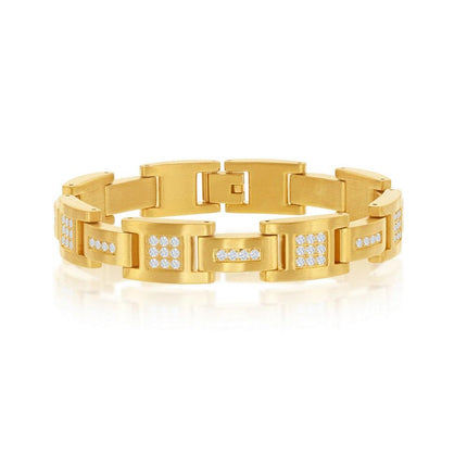 Stainless Steel Matte Gold Plated CZ Link Bracelet, 8.5" ,