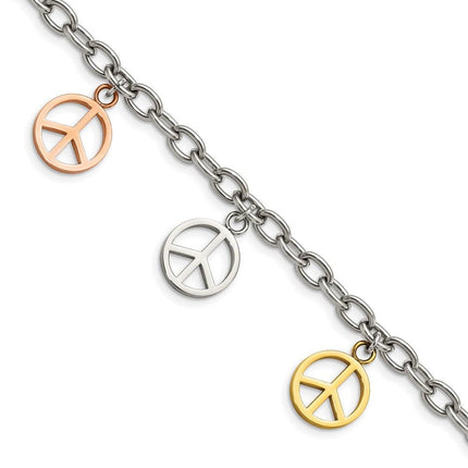 Stainless Steel Multicolor Plated Peace Sign Charms 8.5in Bracelet ,
