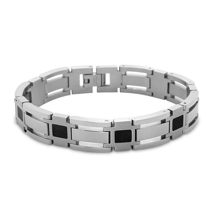 Stainless Steel Open Links with Black Squares Bracelet, 8" ,