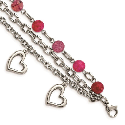 Stainless Steel Pink Agate w/Hearts Bracelet ,