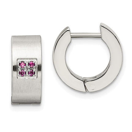 Stainless Steel Pink CZ Brushed & Polished Hinged Hoop Earrings ,