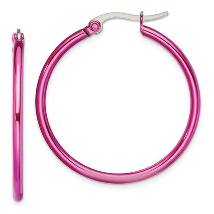 Stainless Steel Pink IP plated 32mm Hoop Earrings ,